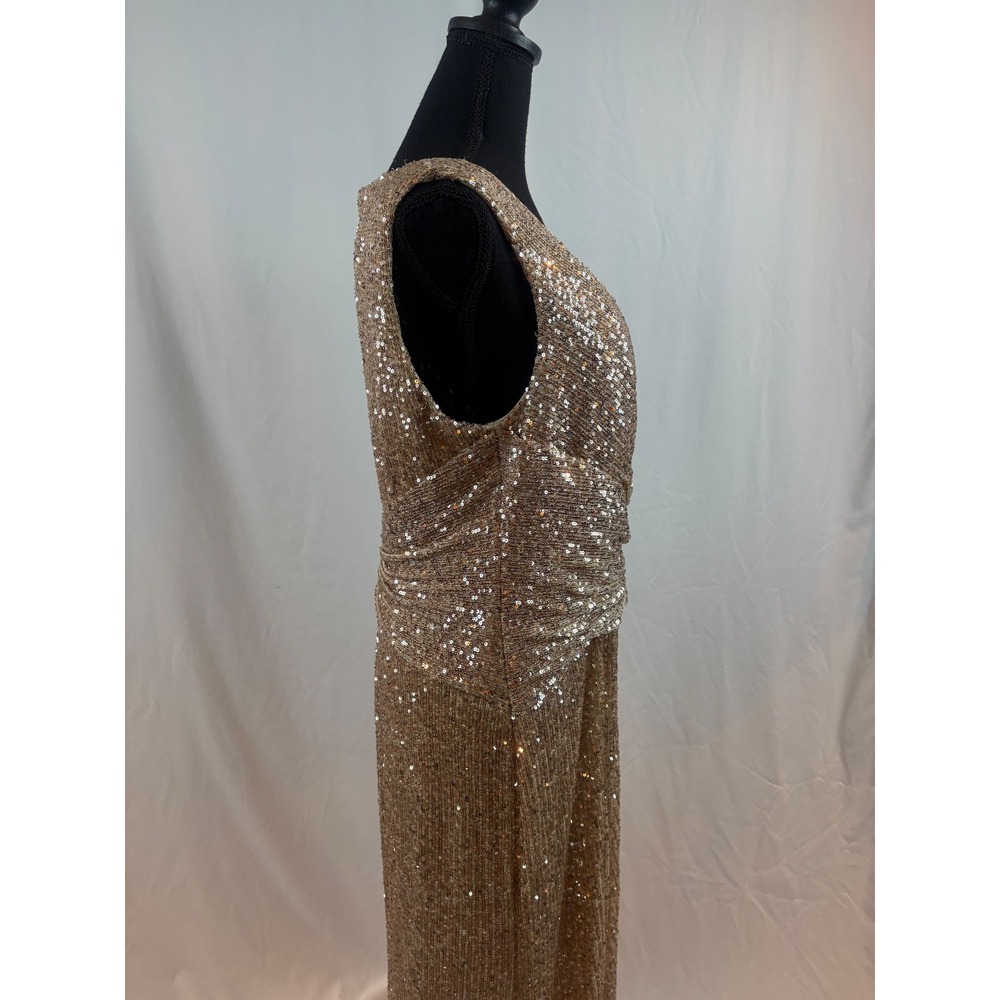 Champagne Gold Sequin Wrap V-Neck Sleeveless Maxi Evening Gown Knot Detail Dress - Picture 9 of 15